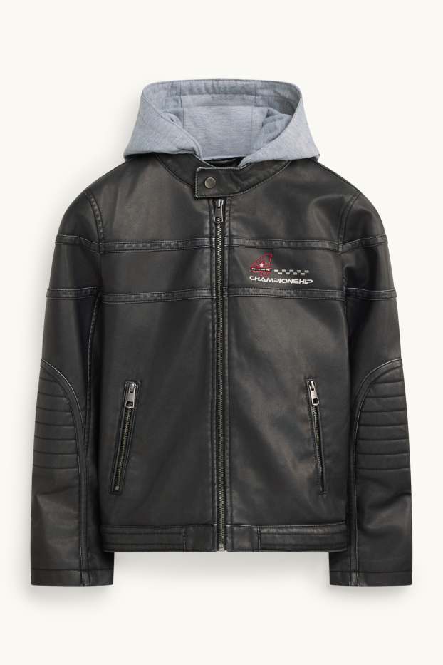 Enfants garçons - Racing - blouson motard avec capuche - matière synthétique - noir