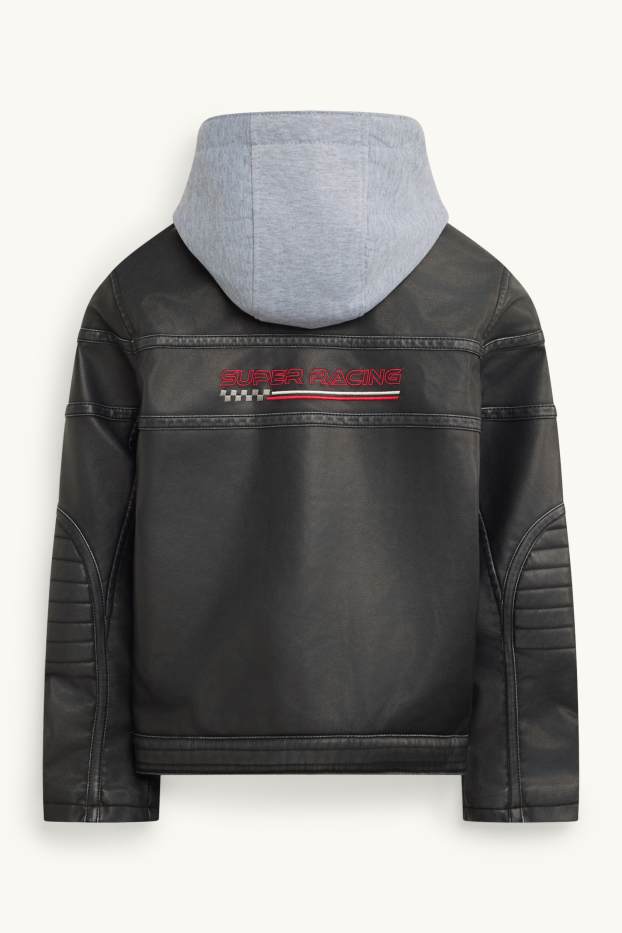 Enfants garçons - Racing - blouson motard avec capuche - matière synthétique - noir