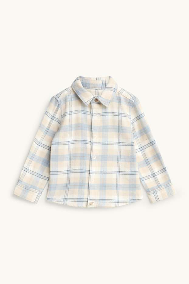 Baby: jongens - Flanellen babyoverhemd - geruit - beige / blauw