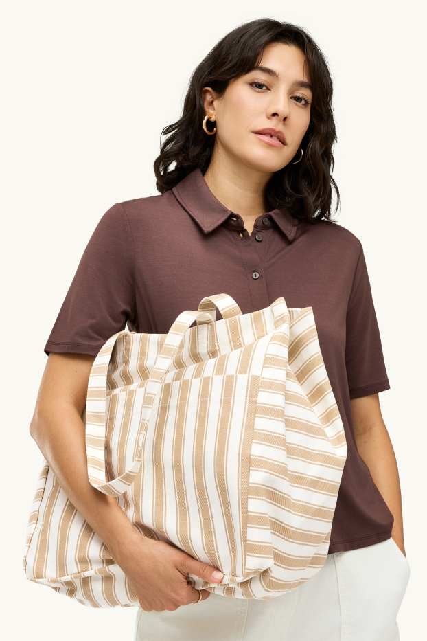 Damen - Großer Shopper - gestreift - beige