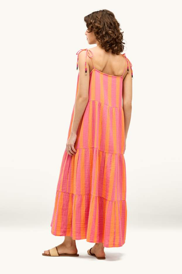 Donna - Vestito di mussola - a righe - fucsia / arancione