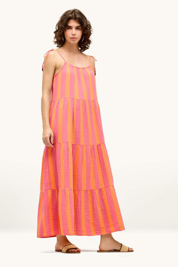 Donna - Vestito di mussola - a righe - fucsia / arancione