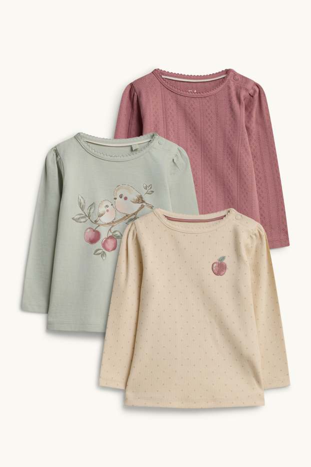 Baby: meisjes - Set van 3 - vogeltje en appeltje - babylongsleeve - groen