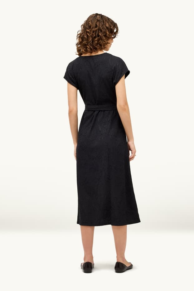Dona - Vestit fit & flare amb cinturó - de flors - texturat - negre