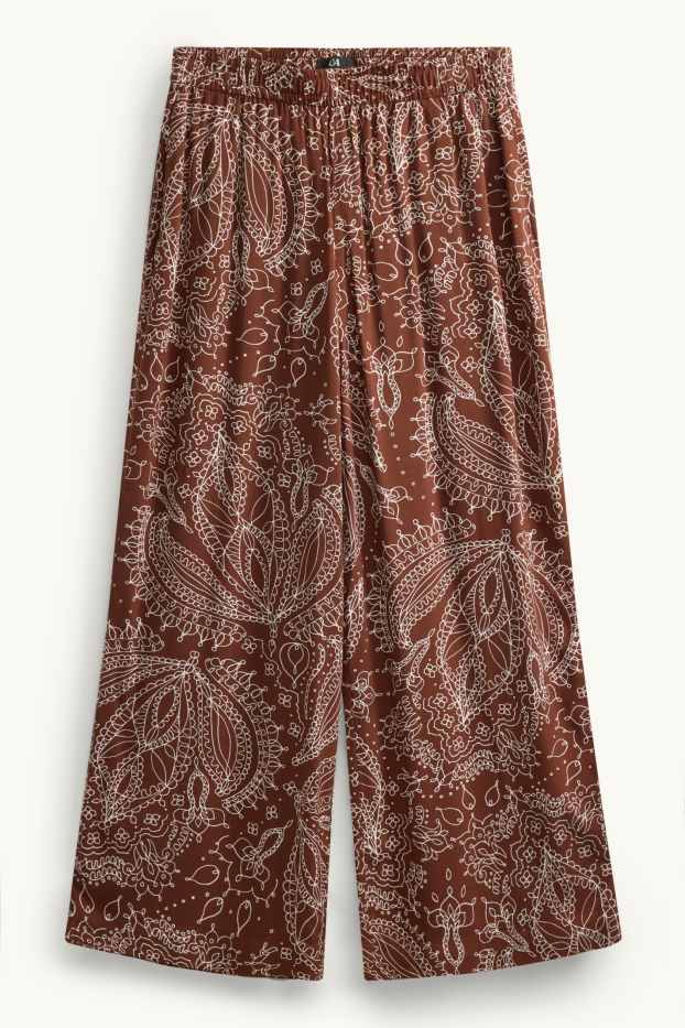 Dames - Kortere pantalon - high waist - wide leg - met patroon - bruin