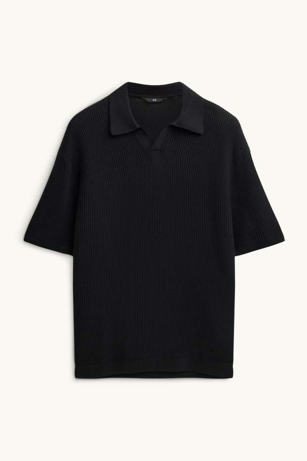 Herren - Strick-Poloshirt - gerippt - schwarz