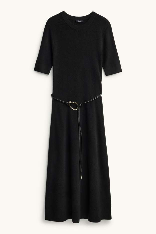 Dames - Gebreide jurk met ceintuur - straight fit - zwart