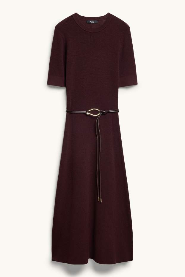 Femmes - Robe de maille avec ceinture - straight fit - marron foncé