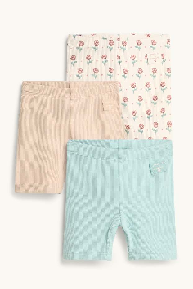 Bébés filles - Lot de 3 - petites fleurs - leggings pour bébé - finition côtelée - beige / bleu