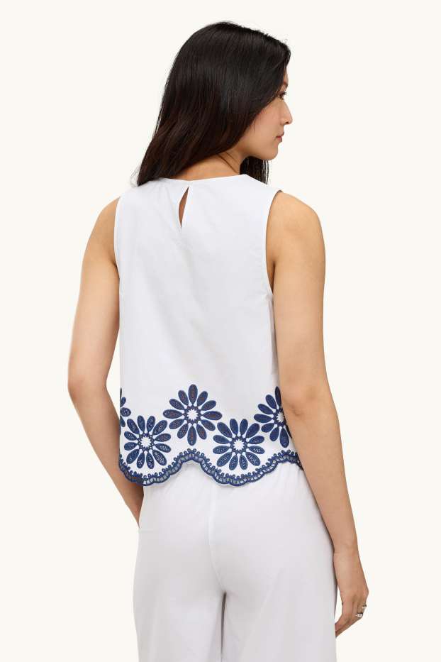 Women - Blouse top - broderie anglaise - white / blue