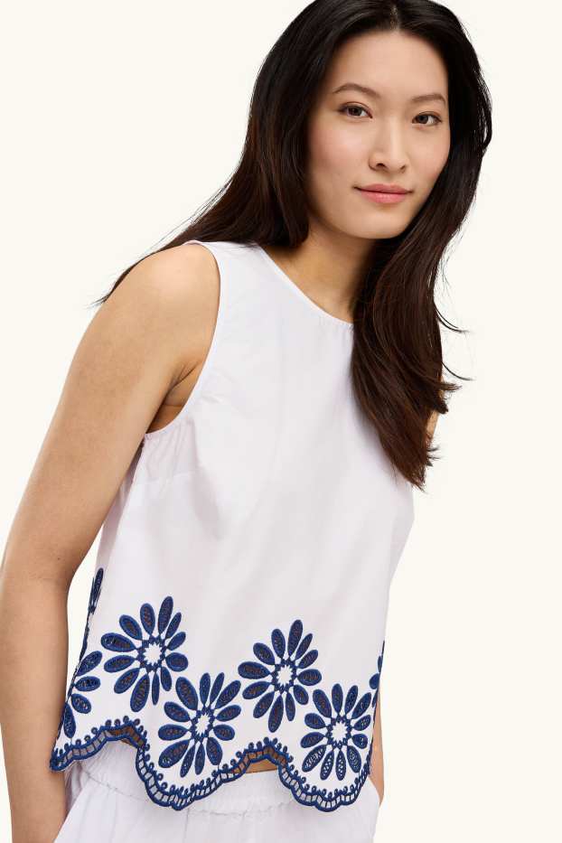 Women - Blouse top - broderie anglaise - white / blue