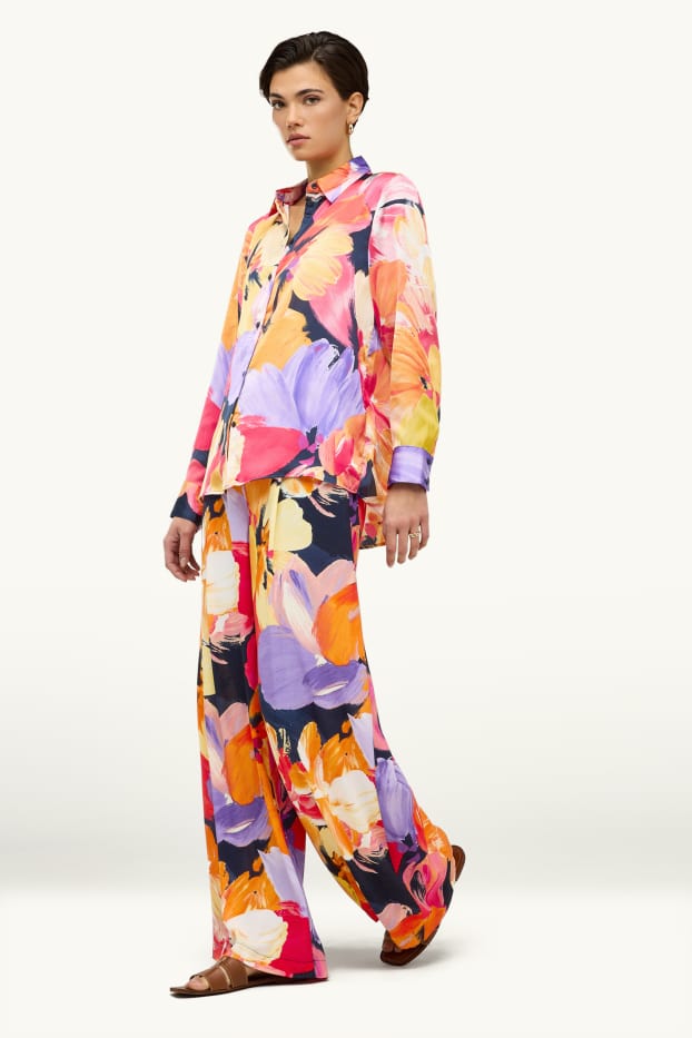Mujer - Pantalón de tela - high waist - wide leg - de flores - naranja