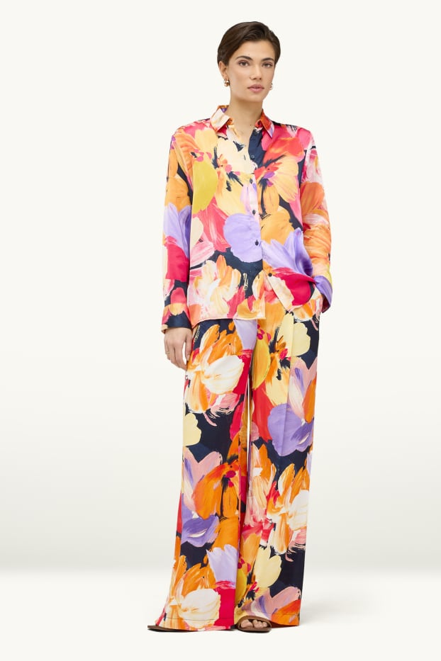 Mujer - Pantalón de tela - high waist - wide leg - de flores - naranja