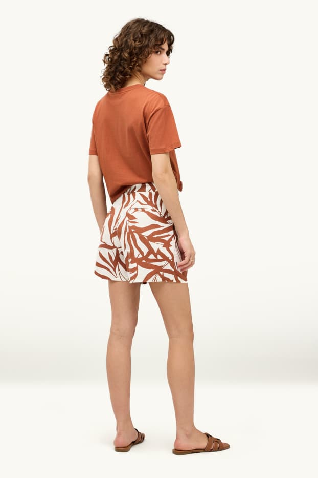 Women - Shorts - mid-rise waist - linen blend - patterned - brown / cremewhite