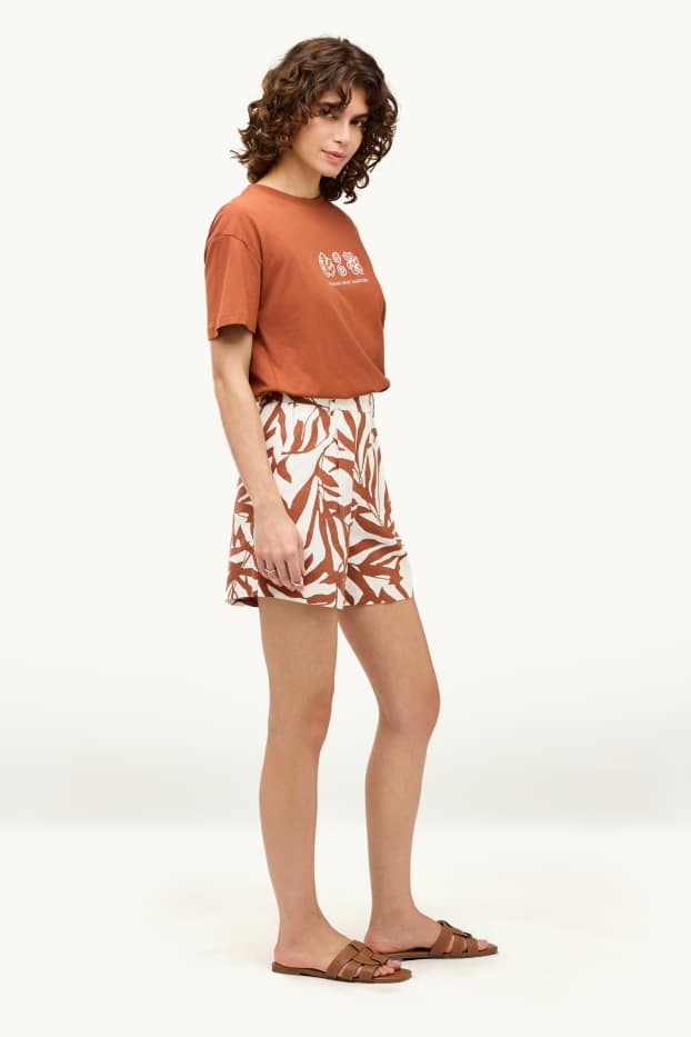 Women - Shorts - mid-rise waist - linen blend - patterned - brown / cremewhite