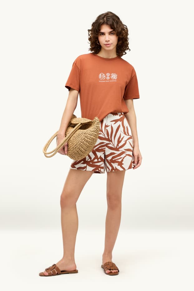 Women - Shorts - mid-rise waist - linen blend - patterned - brown / cremewhite