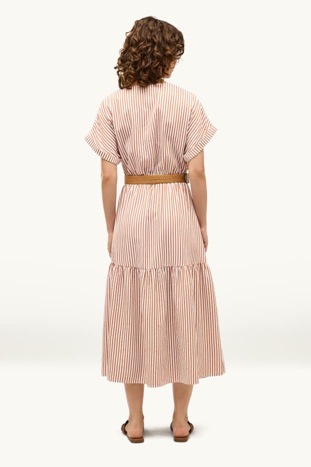 Donna - Vestito con cintura e scollo a V - a righe - marrone chiaro