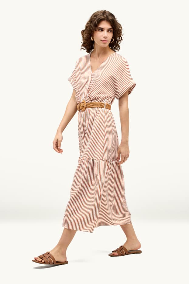 Donna - Vestito con cintura e scollo a V - a righe - marrone chiaro