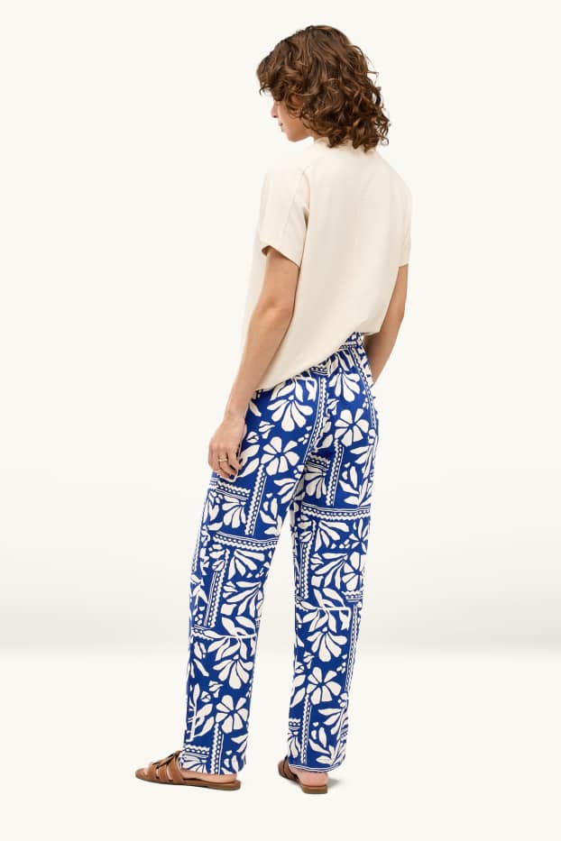 Femmes - Pantalon en toile - mid waist - straight fit - à motif - blanc / bleu