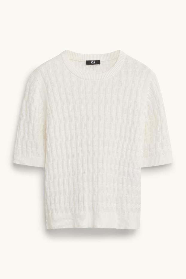 Damen - Strickpullover - kurzarm - Zopfmuster - weiß