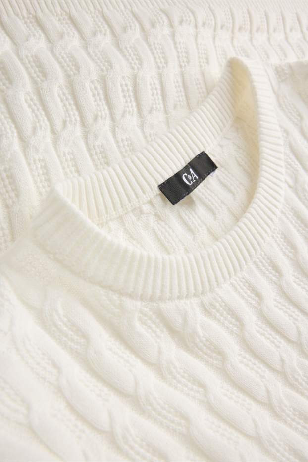 Damen - Strickpullover - kurzarm - Zopfmuster - weiß