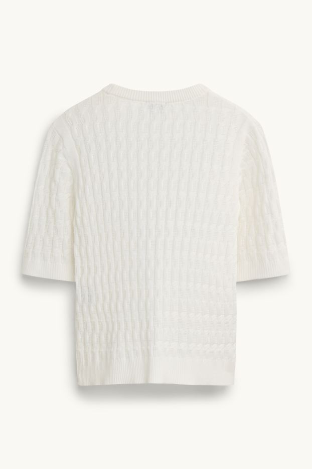 Damen - Strickpullover - kurzarm - Zopfmuster - weiß