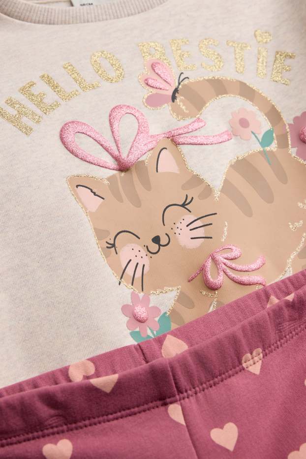 Kinder Mädchen - Katze - Set - Sweatshirt und Flared Leggings - Glanz-Effekt - 2 teilig - rosa / beige