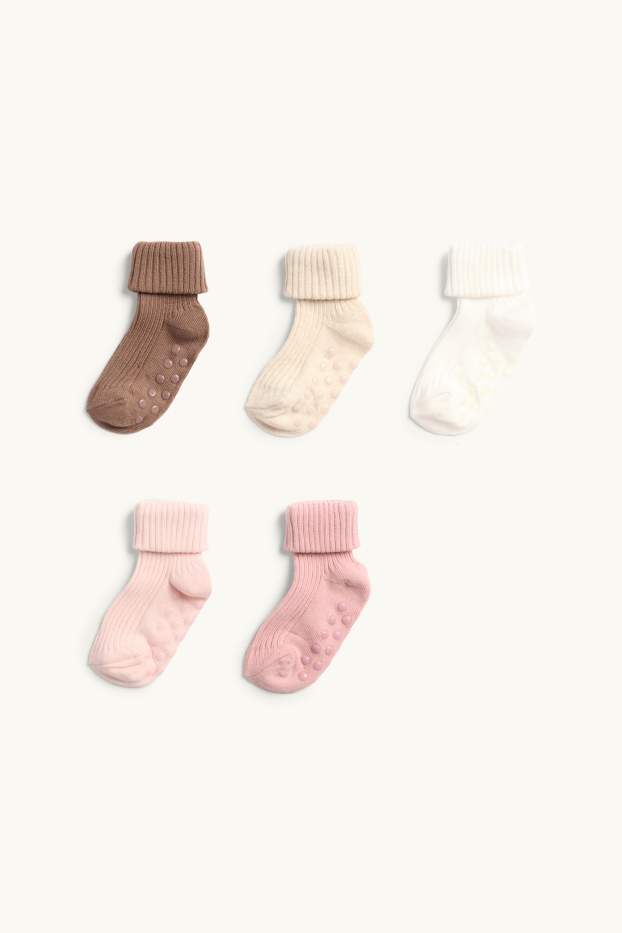 Neonate - Confezione da 5 - calze antiscivolo per neonati - a coste - rosa