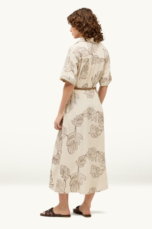 Donna - Vestito con scollo a V e cintura - fantasia - beige