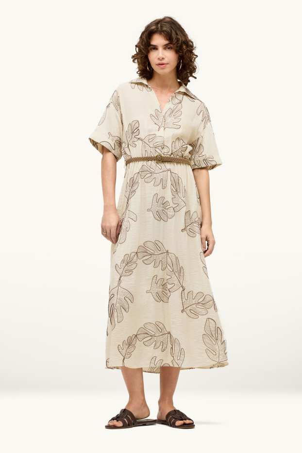 Donna - Vestito con scollo a V e cintura - fantasia - beige