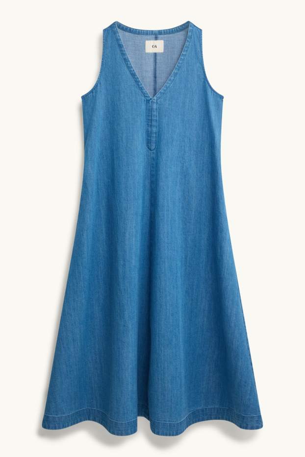 Women - Denim dress with V-neck - blue denim
