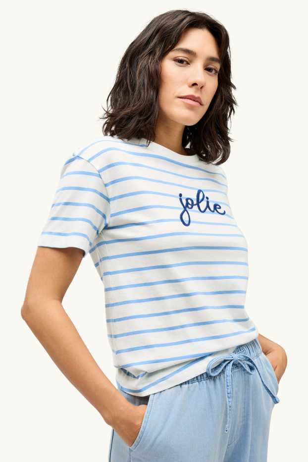 Women - T-shirt - relaxed fit - striped - white / blue