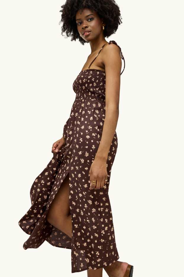 Femei - Rochie fit & flare - cu flori - cu fronseuri - maro închis