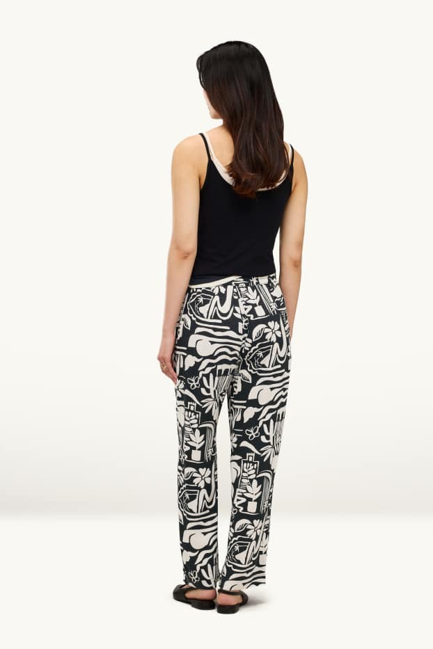 Femei - Pantaloni de stofă - talie medie - wide leg - cu model - negru / alb