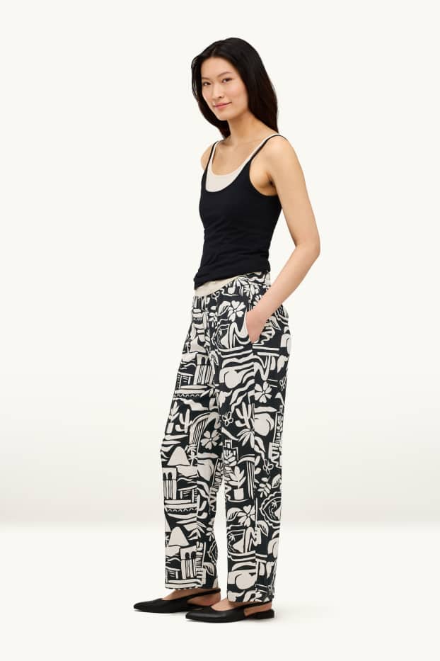 Femei - Pantaloni de stofă - talie medie - wide leg - cu model - negru / alb