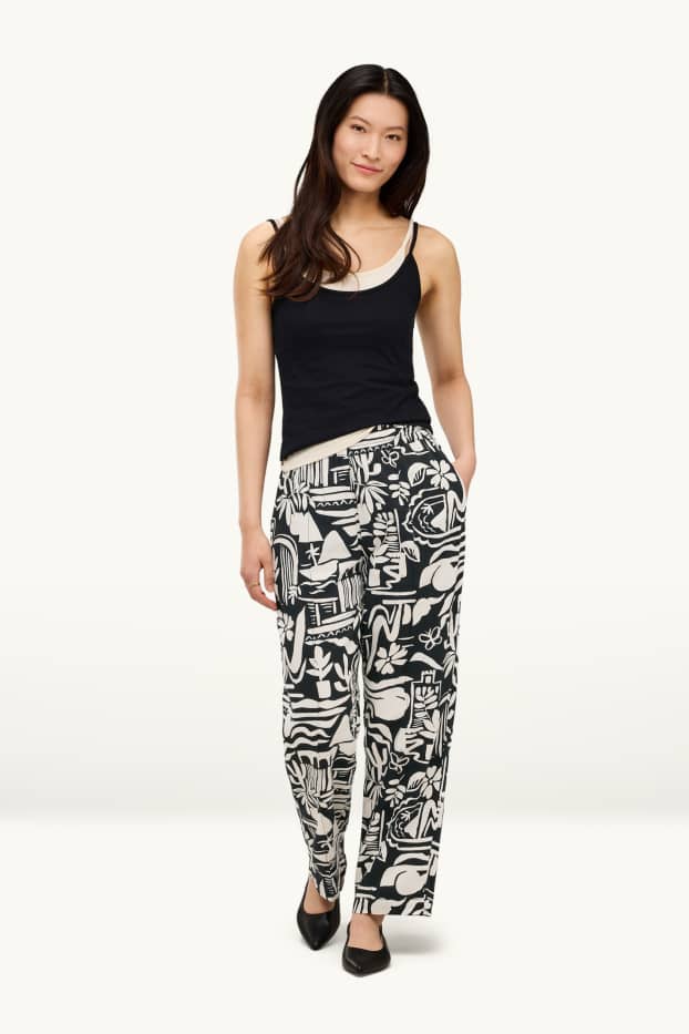 Femei - Pantaloni de stofă - talie medie - wide leg - cu model - negru / alb