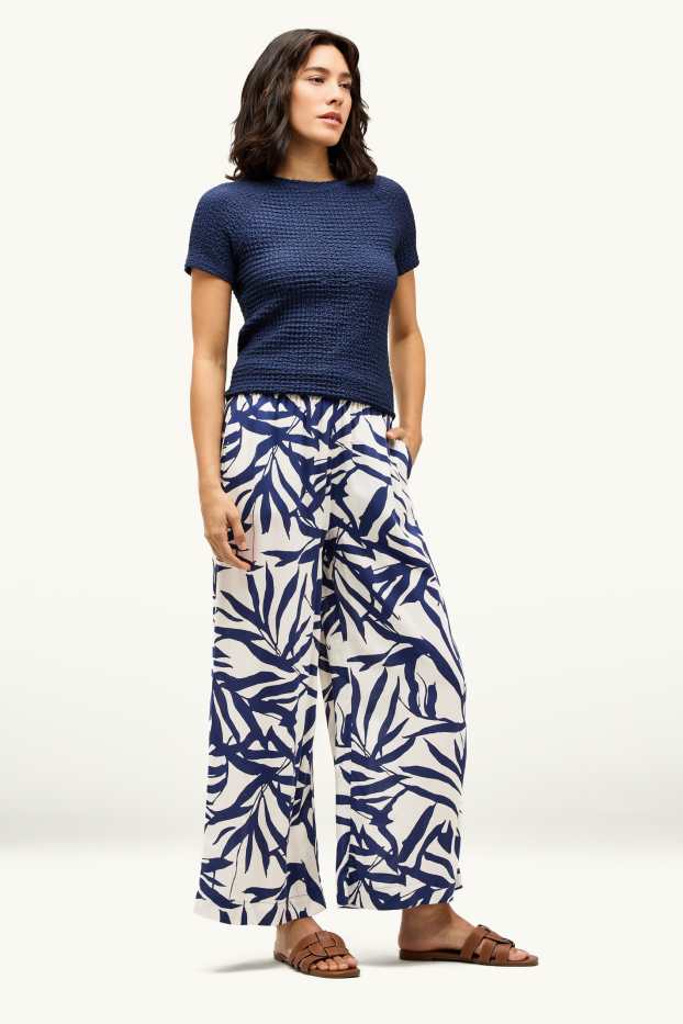 Dona - Pantalons de tela - high waist - wide leg - amb motiu - blau/blanc