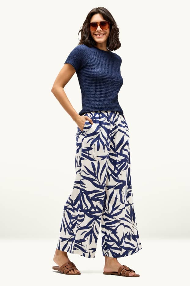 Dona - Pantalons de tela - high waist - wide leg - amb motiu - blau/blanc