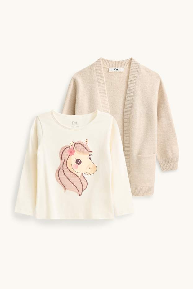 Children Girls - Pony - set - cardigan and long sleeve top - 2 piece - beige