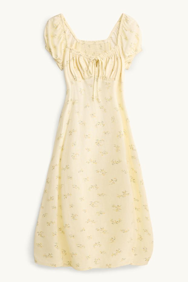 Femmes - Robe à fente - à fleurs - smockée - jaune
