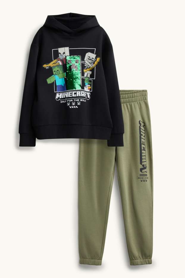 Bambini - Set - felpa con cappuccio e pantaloni sportivi - 2 pezzi - effetto brillante - Minecraft - nero