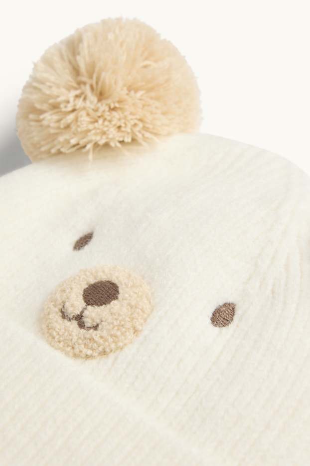 Baby Mädchen - Bärchen - Baby-Bommelmütze - gerippt - cremeweiß