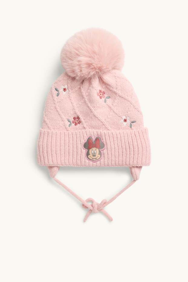 Baby Mädchen - Minnie Maus - Baby-Bommelmütze - Zopfmuster - rosa