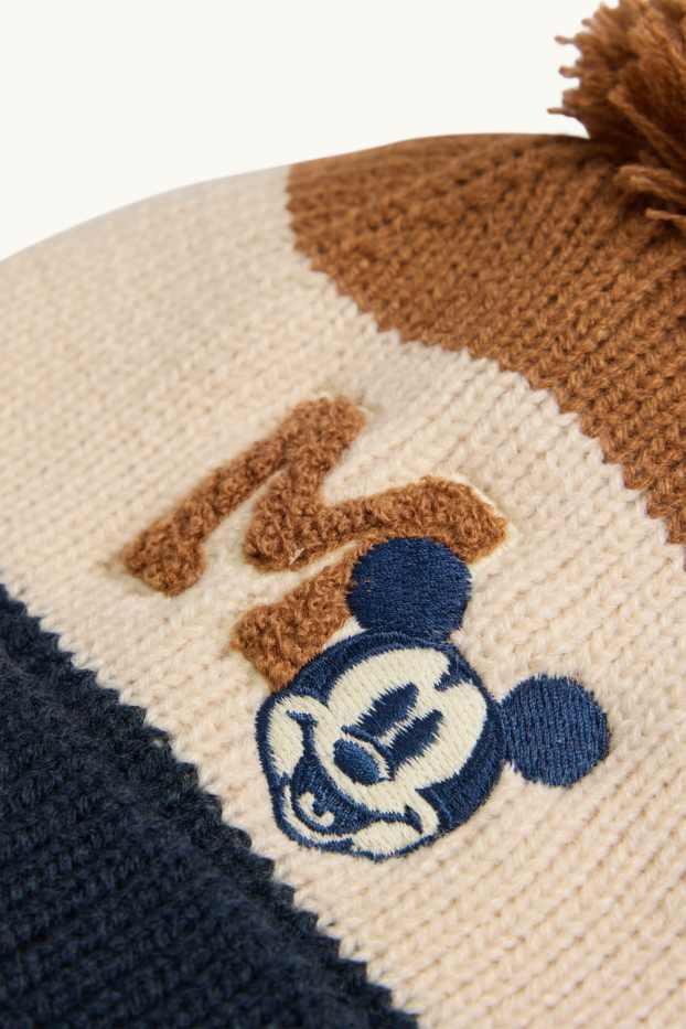 Miminka - chlapci - Mickey Mouse - čepice s bambulí pro miminka - hnědá/modrá