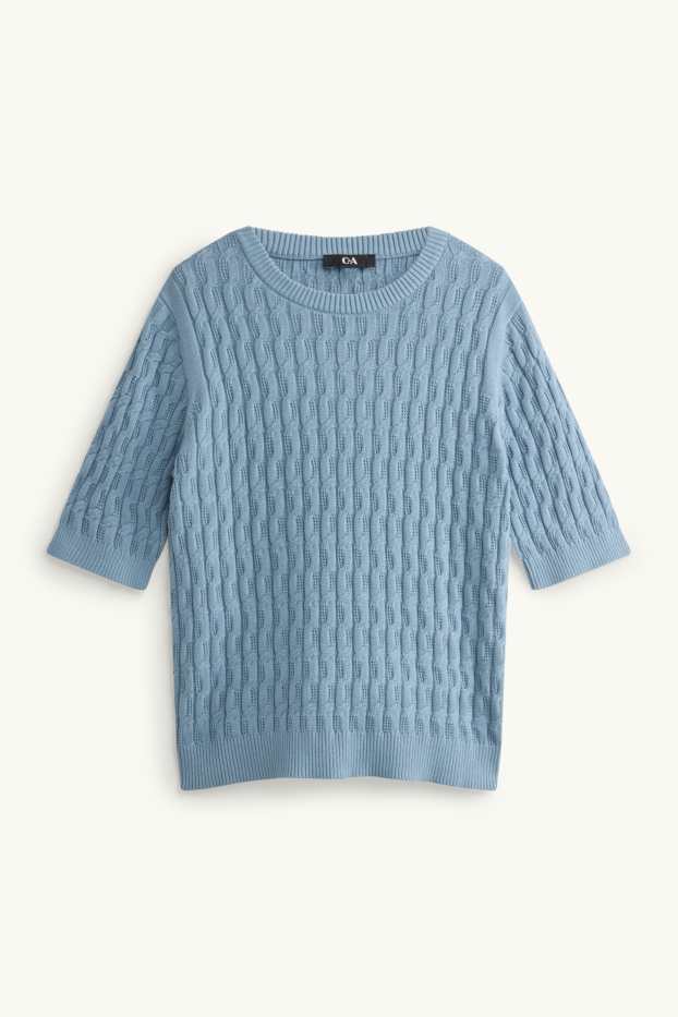 Dames - Gebreide trui - korte mouwen - kabelpatroon - blauw