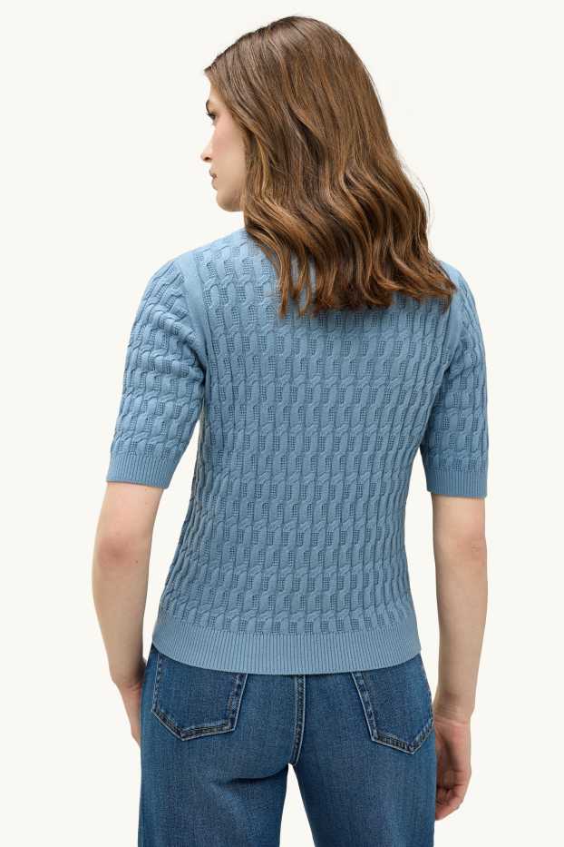 Dames - Gebreide trui - korte mouwen - kabelpatroon - blauw