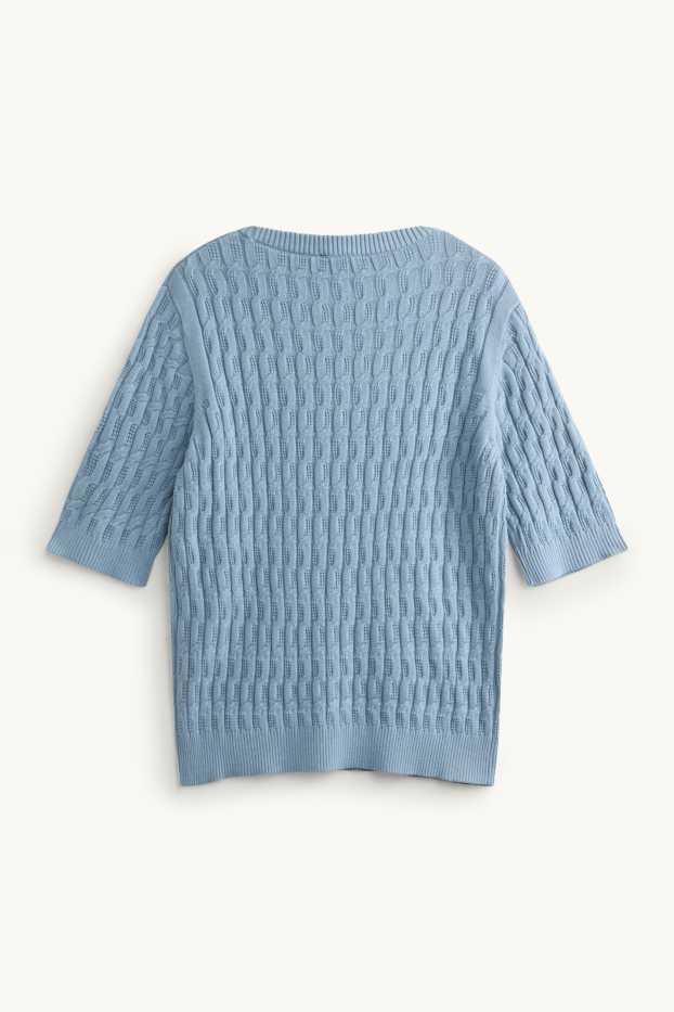 Dames - Gebreide trui - korte mouwen - kabelpatroon - blauw