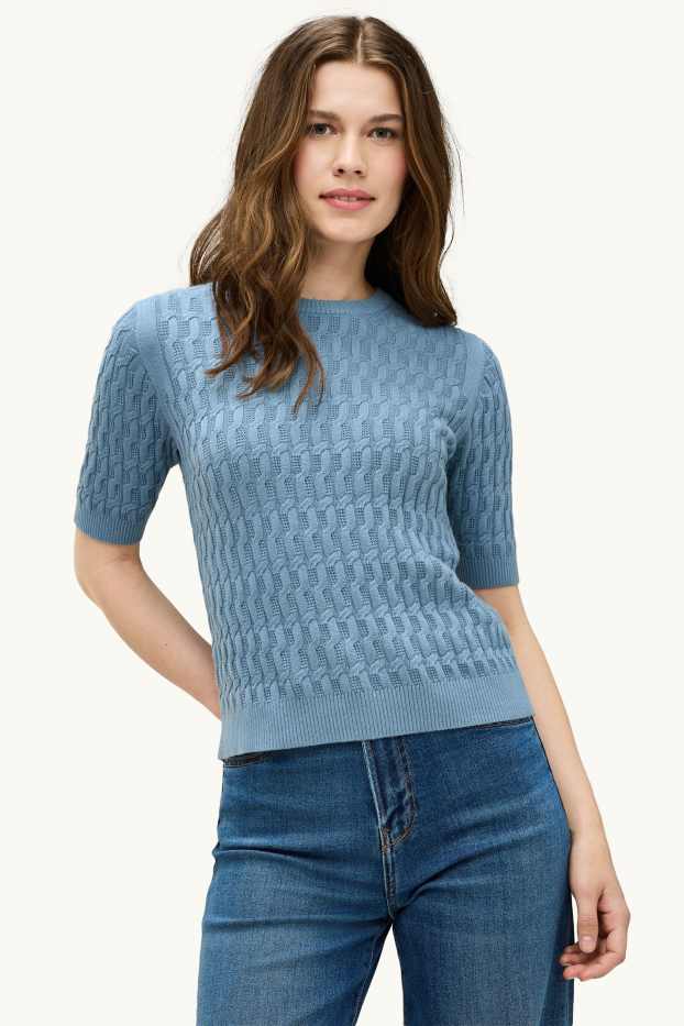 Dames - Gebreide trui - korte mouwen - kabelpatroon - blauw