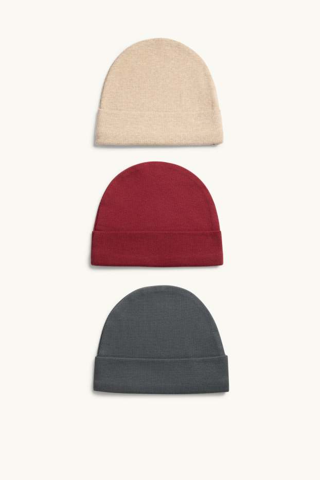 Baby: jongens - Set van 3 - babymuts - ribstof - rood / beige