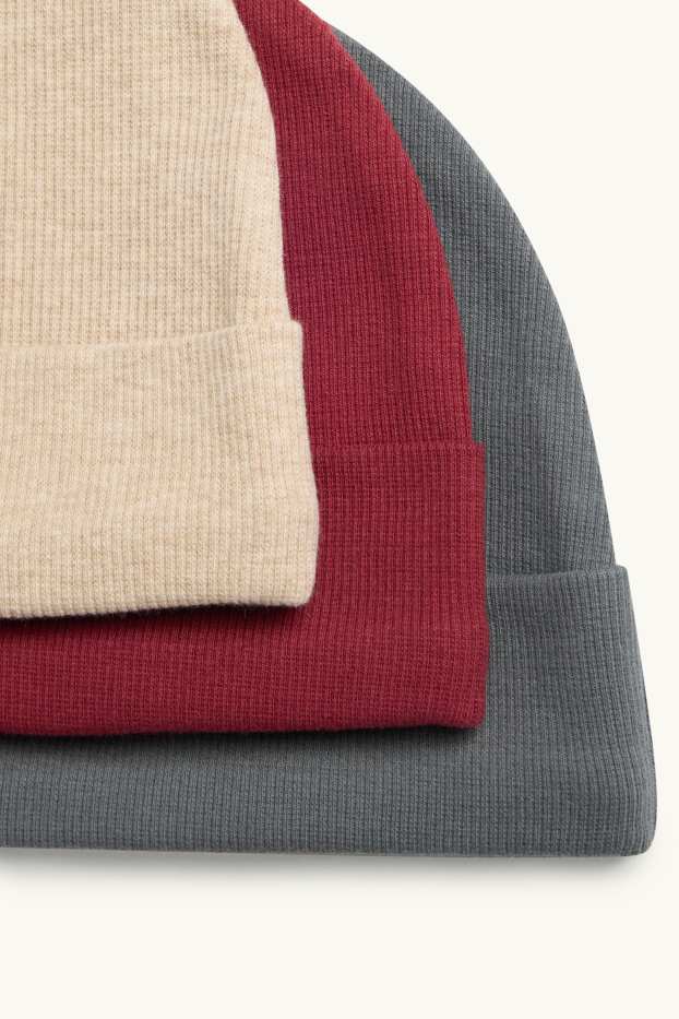 Baby: jongens - Set van 3 - babymuts - ribstof - rood / beige